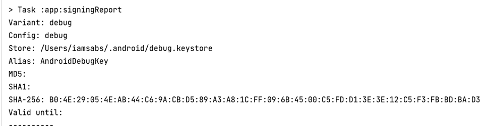 Android Studio 터미널에서 signingReport로 SHA-256 지문을 추출한 화면