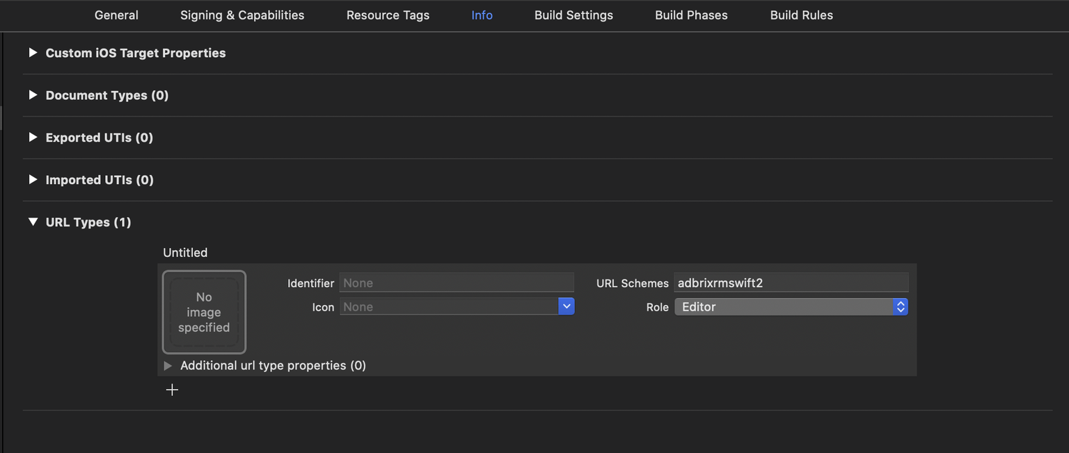 iOS Xcode URL Scheme 설정 화면